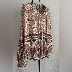 Lucky Brand Boho Paisley Hippie Blouse Tassel Top V- Neck Size 2X Earth Tone